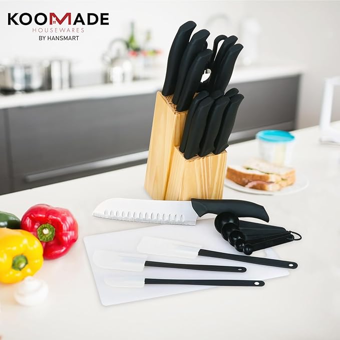 KOOMADE Knife Set With Block, Cutlery Essentials 23 PCS Kitchen Stainless Steel Knife Block Sets With Cutting Board, Shears, Paring, Utility, Santoku, Steak Knives, Dishwasher Safe Cutlery Block Set
