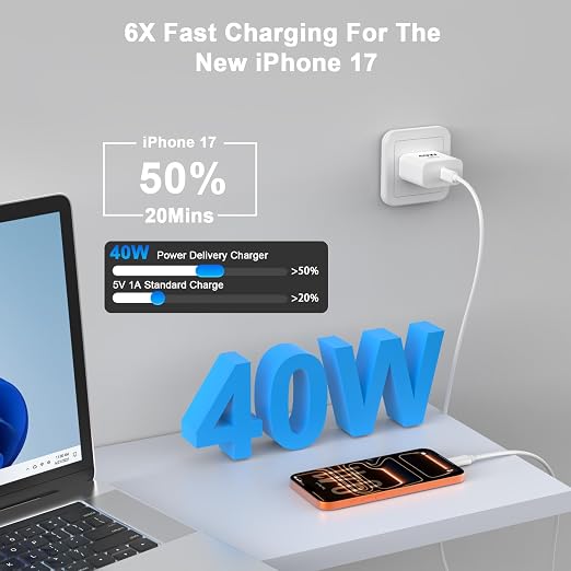 iPhone 17 Fast Charger Block[MFi Certified] 2Pack 40W USB C Wall Charger Plug with 6FT Long USB C to C Charging Data Sync Cable for Apple iPhone 17/17Air/17Pro Max/16 Pro Max/16Pro/16/15ProMax/15Pro