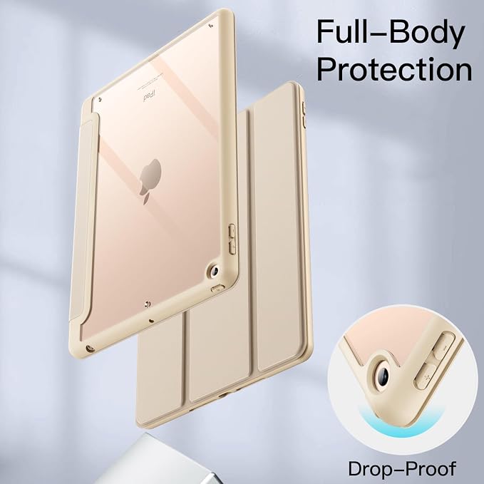 JETech Case Cover for iPad 9th/8th/7th Gen 10.2 Beige | Clear Transparent Back Pencil Holder Slim Shockproof Protection Tri-Fold Stand Auto Wake/Sleep