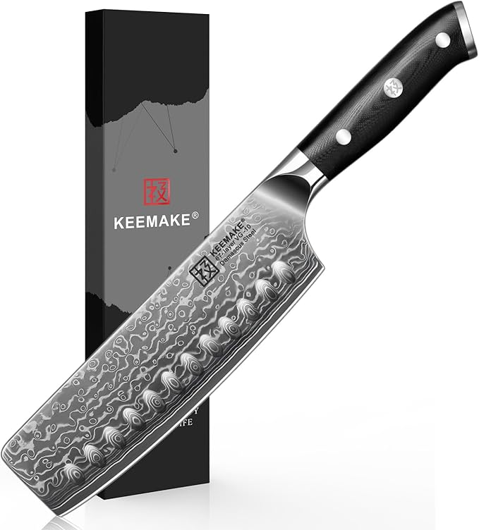 KEEMAKE Nakiri Knife 7in Ultra Sharp Meat Cleaver and Vegetable Chopper, Damascus Kitchen Knives with Full Tang G10 Ergonomic Handle, Japanese Knife for Kitchen