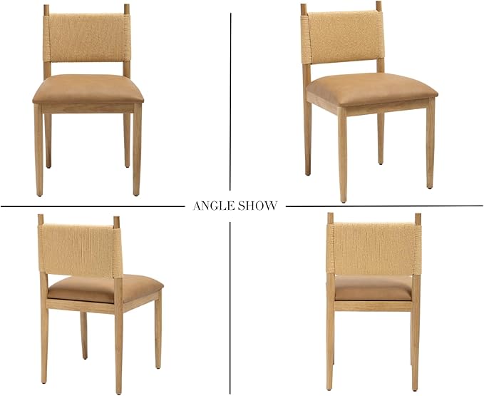 CIMOTA Faux Leather Modern Dining Chairs Set of 4, Mid Century Upholstered Dining Room Chairs with Woven Back, Armless Kitchen Chairs with Natural Solid Wood Legs, PU Brown