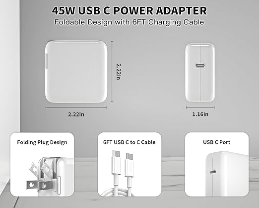 Mac Book Pro Charger - 45W USB C Fast Charger Power Adapter for USB C Port MacBook Air 13 15 inch /MacBook Pro 14 16 inch iPhone 17/ 16/ 15 iPad Pro and All USBC Devices 6FT Type-C Cable Included