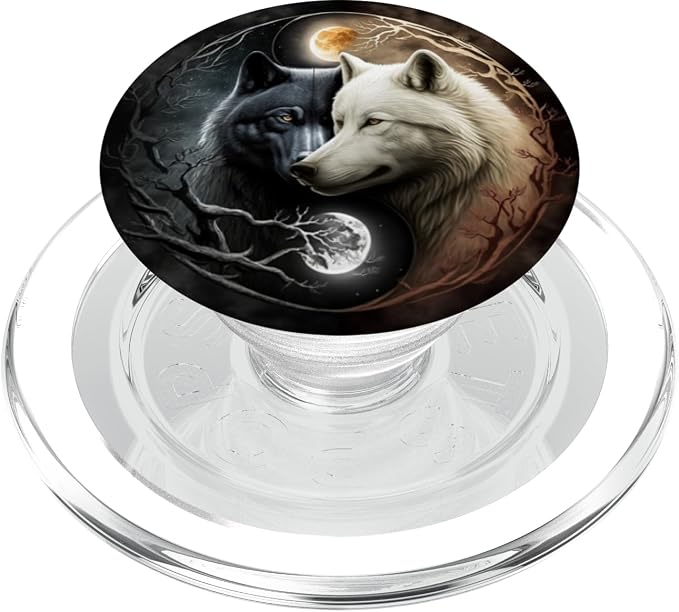 Cool Yin and Yang White and Black Wolf Wolves Lover Gift PopSockets Adhesive PopGrip
