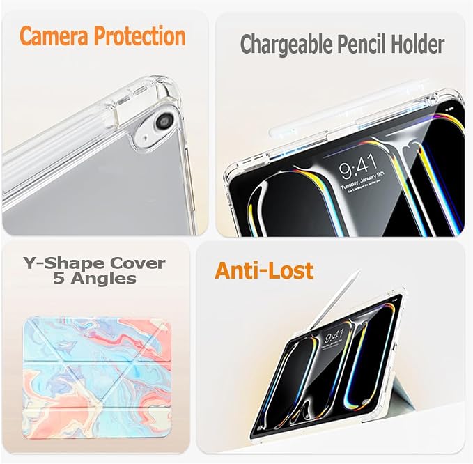 Slim Case for iPad Air 11 M4/M3/M2 &amp 10.9 5th/4th Gen Aqua Blue | Pencil Holder Multi-Angle Y Fold Stand Clear Acrylic Cute Cover Auto Wake-Sleep 2026/2025/2024/2022/2020