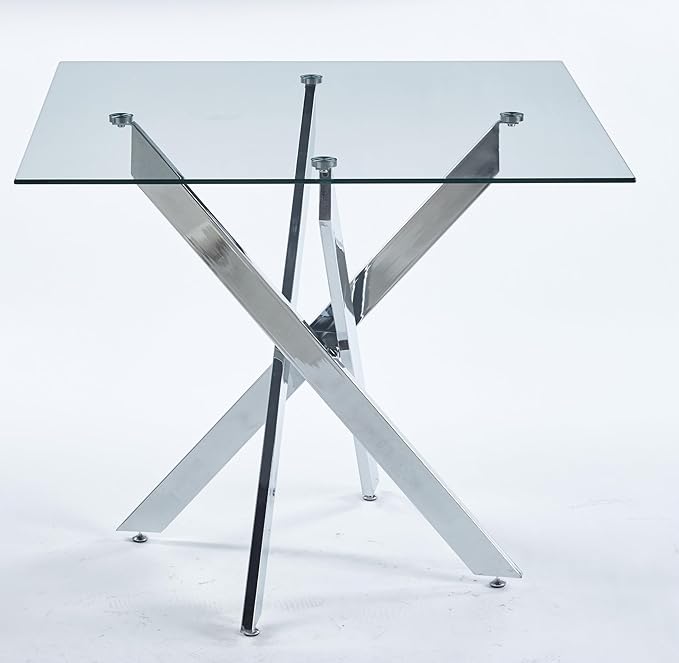 36" Square Dining Table for 4, Modern Clear Glass Kitchen Table for 4 with Silver X Metal Legs, Contemporary Small Glass Dining Room Leisure Tables for Kitchen Apartment