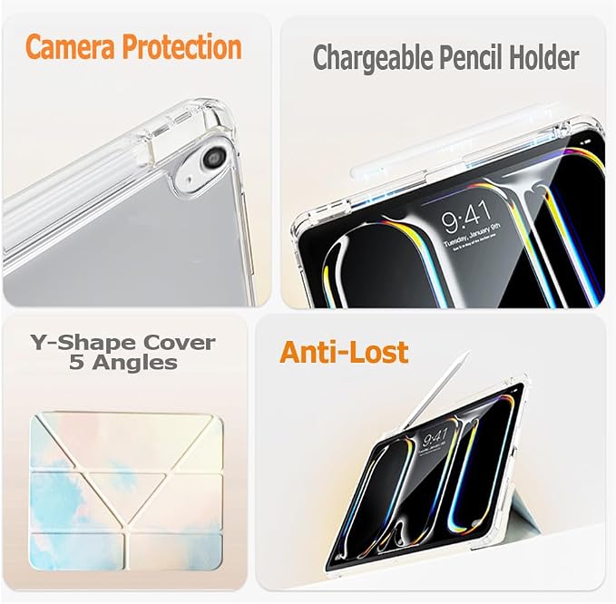 Slim Case for iPad Air 11 M4/M3/M2 &amp 10.9 5th/4th Gen Aqua Blue | Pencil Holder Multi-Angle Y Fold Stand Clear Acrylic Cute Cover Auto Wake-Sleep 2026/2025/2024/2022/2020