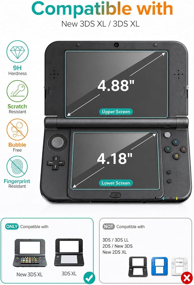 3 Pack Tempered Glass Top Screen Protector + 3 Pack HD Clear PET Bottom Film Compatible with 3DS XL/New 3DS XL