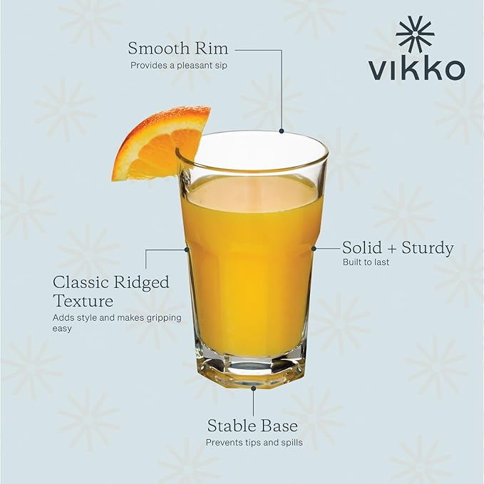 Vikko Drinking Glasses, 9 Ounce Glass Cups, Durable Glasses Drinking Set of 12, Stackable Water Glasses, Highball Glasses, Heavy Base Tumblers & Water Glasses, Dishwasher Safe Cups for Kitchen