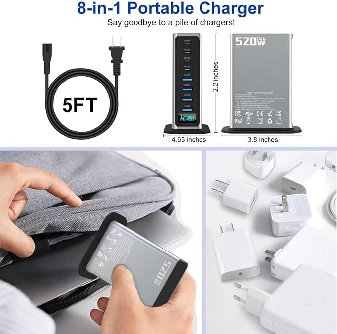 520W USB C Charger Station 8-Port (4C+4A) GaN Fast Charger Block 100W PD PPS for MacBook/iPad/iPhone with PFC &amp Anti-Slip Base Ventilation Design Include 1.5M 100W Cable &amp Cable Organizer