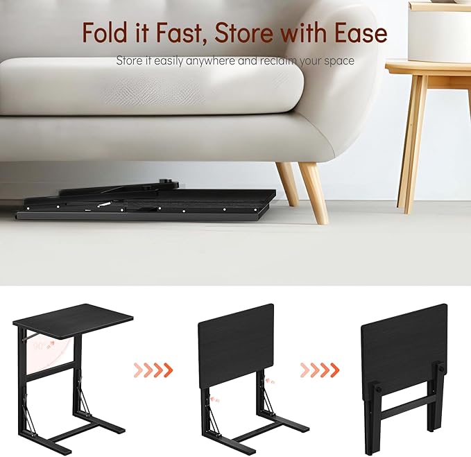 Tatub 24'' Folding TV Tray Table, Bamboo C Shaped End Table Slide Under Couch, Small Sofa Side Laptop Desk for Living Room, Bedroom, Black