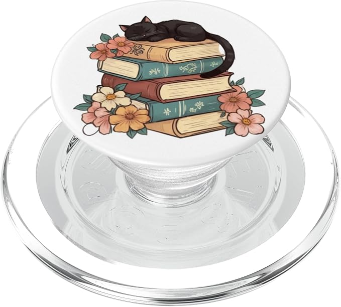 Black Cat Sitting on Books Booktrovert Librarian Bookish PopSockets PopWallet for MagSafe