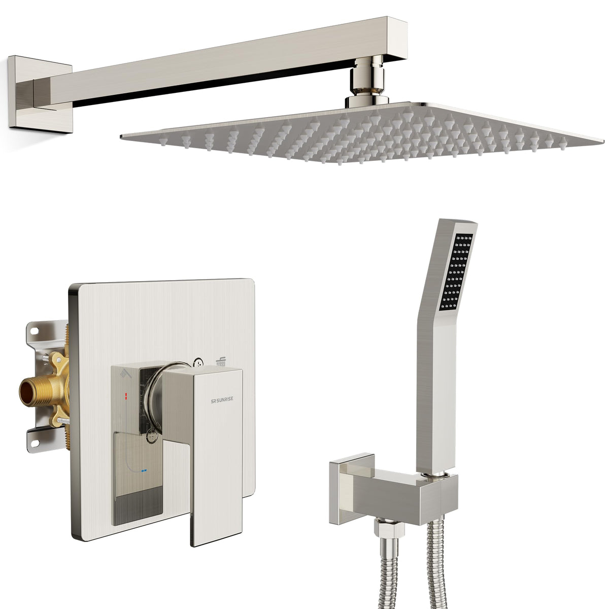 SR SUN RISE Shower Faucet Set & System - 10 Inch Rainfall Shower Head & Handle Set Wall Mounted Brushed Nickel Solid Brass Valve Trim Kit Included