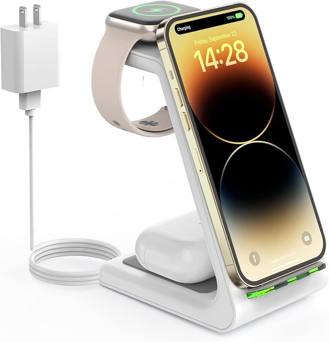 Wireless Charger Stand CIYOYO 3 in 1 Fast Wireless Charging Station Dock for Apple Watch 11/9/8/7/6/SE/5/4/3/2 Airpods 3/2/Pro iPhone 17/16/15/14/14 Plus/14 Pro Max/13/13 Pro/12/12 Pro/SE/X/XR/XS/8