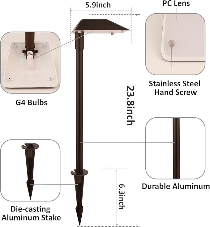 Landscape Path Lights Low Voltage, 6PK Bronze, Work with Replaceable 5W 3000K LED G4 Bulb and Connectors, 12V Wired Landscape Lighting for Outdoor Pathway Driveway Garden, Aluminum