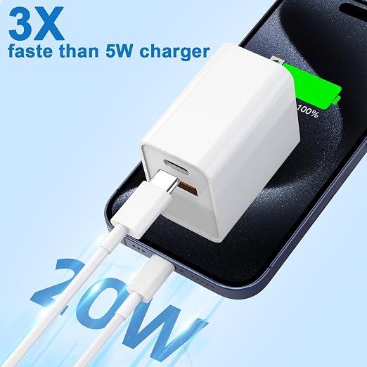 10FT iPhone 17/16e Fast Charger2Pack 20W Dual Port USB A+C QC Apple Adapter with 10 Foot USB C to C Fast Charging Cable Cord for iPhone 17Air/17Pro/17Pro Max/16/16Pro/15/15Pro/Pro Max/Plus(Blue/Pink)