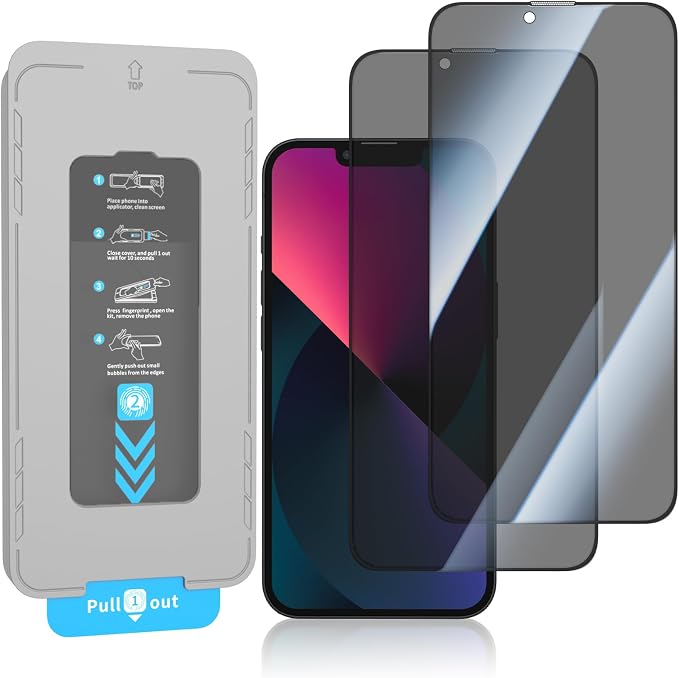 KUZOOM 2Pack Privacy 9H+ Tempered Glass Screen Protector for iPhone 13 | 9H+ Tempered Glass 100% Fingerprint Unlock Automatic Dust Removal Anti-Scratch Protection