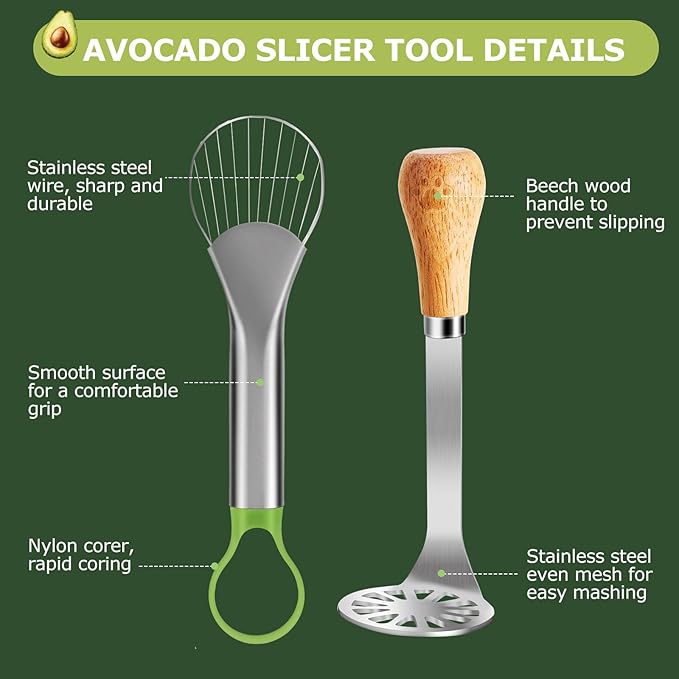 OERPHO 3-in-1 Avocado Slicer Tool Set – Stainless Steel Avocado Cutter, Masher & Peeler, Multi-Function Kitchen Gadget for Guacamole, Salads & Food