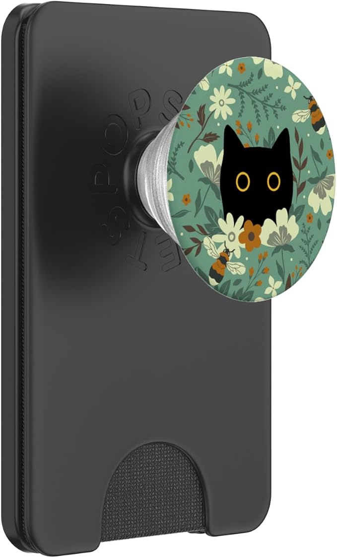 Black Cat Hiding in Garden Flowers with Bees Cute Floral PopSockets PopWallet for MagSafe