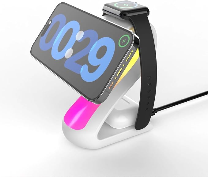 4-in-1 Magnetic Wireless Charging Station for Apple iPhone 17 16 15 14 13 12 Pro Max &amp Watch | 15W Fast MagSafe Charger Stand with Night Light | Aesthetic Swan Desk Organizer for AirPods (White)