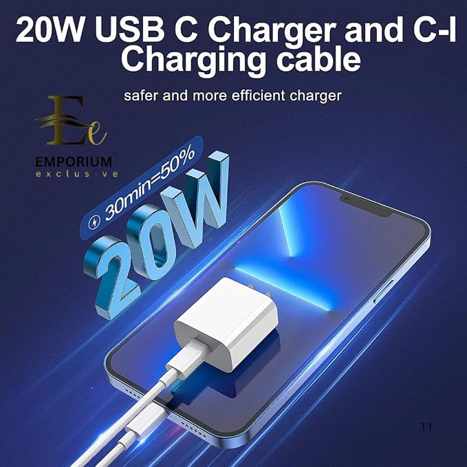 Emporium | 20W Power Charge USB C Cables and Wall Charger Kit | 3ft White USB C to C Charging Cable