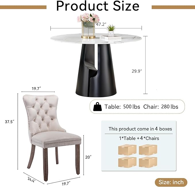 5-Piece Faux Marble Round Dining Table Set for 4, Modern Luxury Kitchen Table Set for 4 with Beige Tufted Chairs,Circle Dining Tables with White Marble Grain Top and Black Pedestal Base