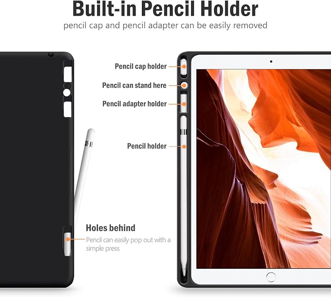 Antbox Case for iPad 9th Generation/iPad 8th/7th Generation 10.2'' Black | Built-in Pencil Holder Vegan Leather Auto Sleep/Wake