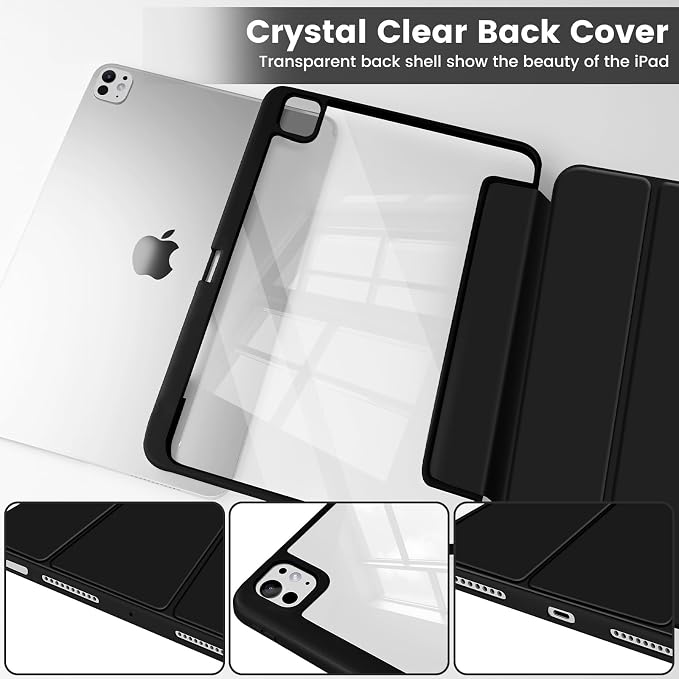 Case Compatible with iPad Pro 11 inch M5 2025 6th Generation / M4 2024 5th Generation Shockproof Hybrid Slim Stand Cover with Clear Back Shell &amp Pencil Holder Auto Wake/Sleep Black