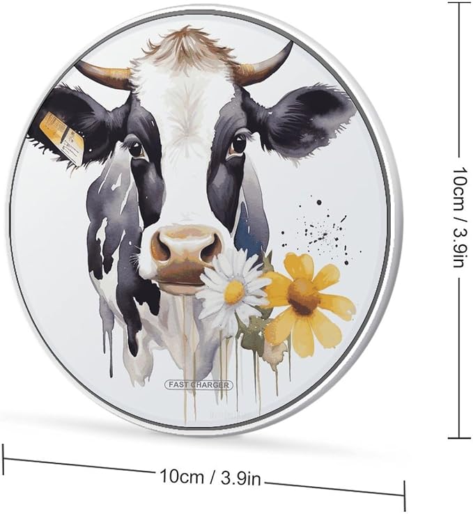 Watercolor Cow and Daisy Flower Wireless Charger 10W Fast Charging Pad Anti-Slip Qi Certified Wireless Charging Pad Charging Station Portable Phone Charger for All Wireless Charging Smartphone