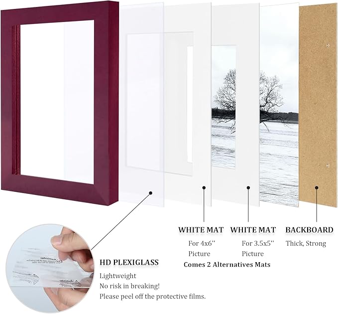 Egofine 5x7 Picture Frame Made of Solid Wood, Display Pictures 3.5x5/4x6 with Mat or 5x7 Without Mat Covered by Plexiglass for Table Top Display and Wall Mounting Photo Frame, Dark Red