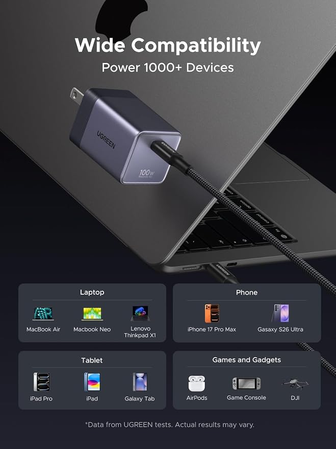 UGREEN Nexode Air 100W Wall Charger Block with USB C Cable Compact Foldable GaN Fast Charging PD Type-C Charger Compatible with MacBook iPhone 17 Pro Max Galaxy Grey