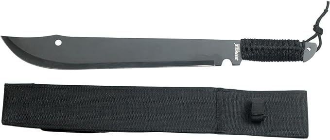 Jungle Master JM-021 Full Tang Machete, Black Blade, Black Cord-Wrapped Handle, 21-Inch Overall