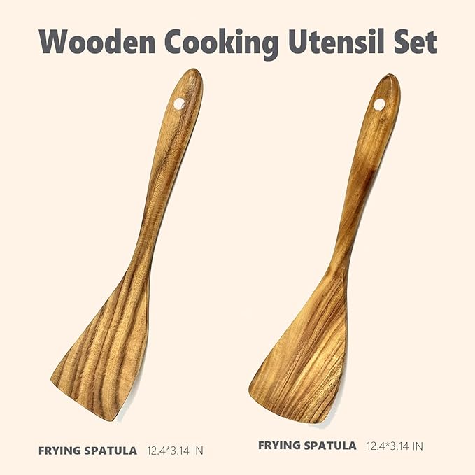 WOODBALA Teak Wood Rigth Handle Flat Turner for Kitchen Use, 2 Pcs Long Wooden Spatula for Cooking, Non Stick Wooden Cooking Utensils Set Flat Spatulas