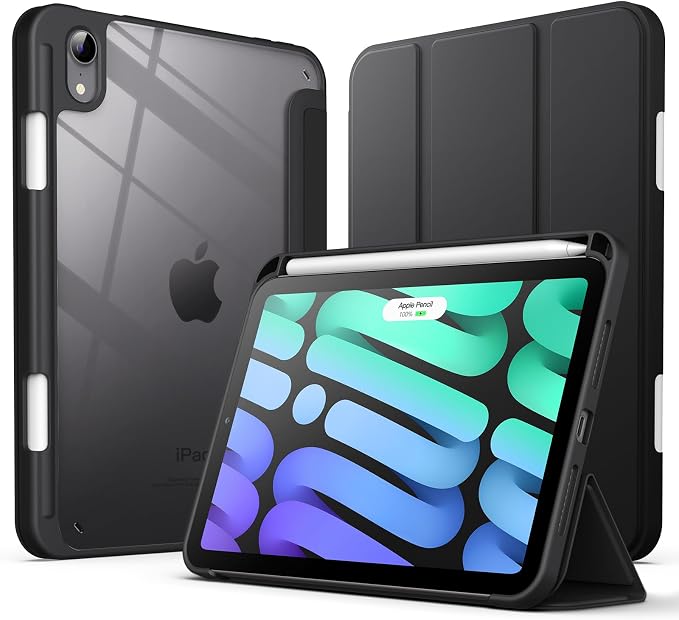 JETech Case Cover for iPad mini A17 Pro/6th Gen (2024/2021) Black | Clear Transparent Back Pencil Holder Slim Shockproof Protection Tri-Fold Stand Auto Wake/Sleep