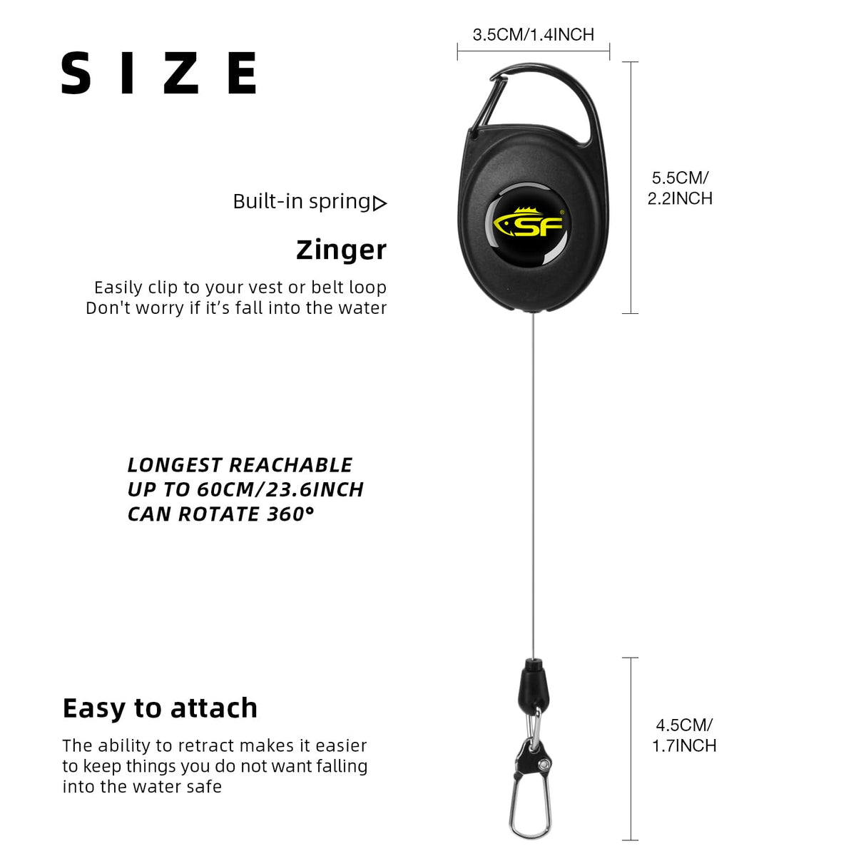 SF Fly Fishing Zinger Retractor 3PCS Steel Cord Black