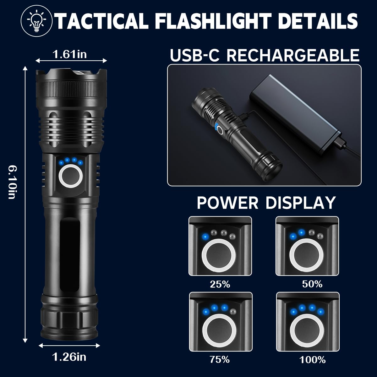 3Pack Rechargeable Flashlights High Lumens, 5Modes LED Flashlight Rechargeable, Super Bright Flashlight High Powered, Adjustable Tactical Flashlight, Powerful Flash Light for Home Emergencies