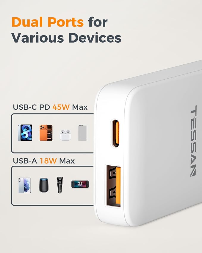 USB C Wall Charger Block PD 65W TESSAN Flat Fast Phone Charger Foldable | 2 USB C GaN Type C Fast Charging Block 0.58'' Ultra Slim Charger for iPhone 17/16/15 Series Samsung Galaxy Models Travel