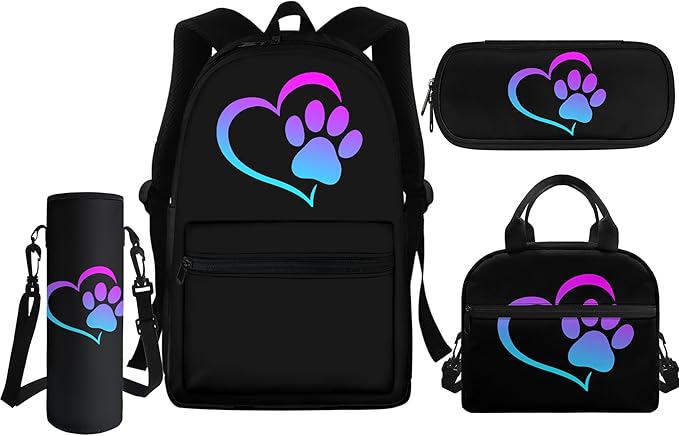 4pcs/set Kids School Backpack Set with Lunch Bax Dog Paw Print Backpacks for Teen Girls Boys 8-10 12-16 Children Middle School Bookbag with Pencil Pouch Water Bottle Sleeve