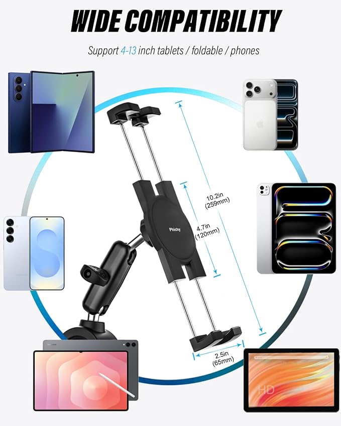 Z Fold Motorcycle Mount - [Foldable Phone Friendly] Bike Tablet Holder Bicycle Handlebar Tablet Clamp Scooter Phone Clip for Samasung Galaxy Fold 7 6 5 4 3 2 Tabs Google Pixel Pro iPad iPhone