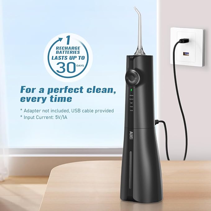 AUIEI Water Flosser Pick for Teeth & Braces, 300ML Cordless Power Dental Flossers with 8 Jet Tips, Oral Irrigator 5 Pressure, IPX7 Waterproof, Portable for Home Travel