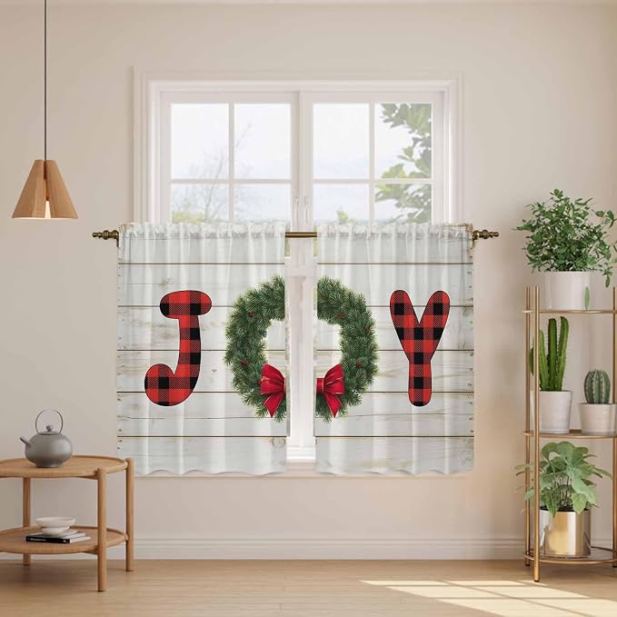 Christmas Wreaths Kitchen Curtains 45 Inch Long 2 Panel Set, Rod Pocket Window