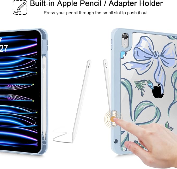 Mektron Case for 2026 iPad Air 11 inch M4 8th (M3 2025 7th /M2 2024 6th) Compatible with iPad Air 10.9 (2022 5th Gen /2020 4th Gen) Shockproof Clear Shell Blue Bows &amp Flowers