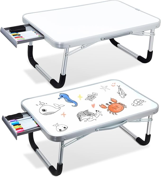 Suzile 2 Pcs Lap Desk with Dry Erase Board, 24"x16" Foldable Study Table with Storage Drawer, Markers & Eraser, Portable Learning Desk for Homeschool, Homework & Drawing, Writing, School Supplies