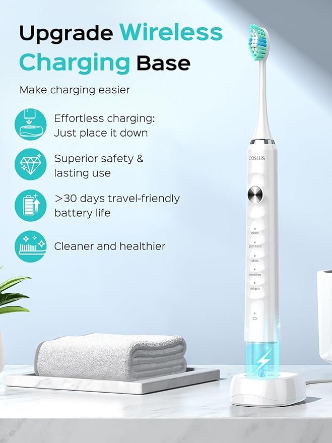 COSLUS Sonic Electric Toothbrush for Kids & Adults: 47000 VPM for Deep Cleaning & Whitening with Travel Case - 5 Modes for Sensitive Teeth & Braces, Wireless Charging, 6 Brush Heads, White (1PC)