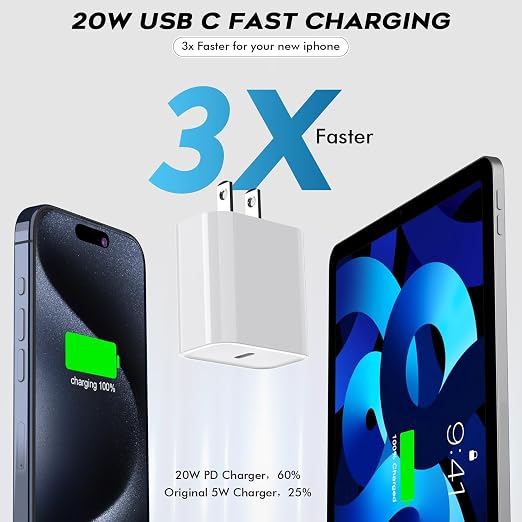 Fast USB C Charger Block3Pack Long 6FT USBC to USBC Cable iPad Cord 20W iPhone 17 Pro Max Charger Travel Plug Fast Charging for iPhone 17/17 Air/17 Pro/16/16e/16 Pro/16Plus/15/15Pro/Pro Max/PlusiPad