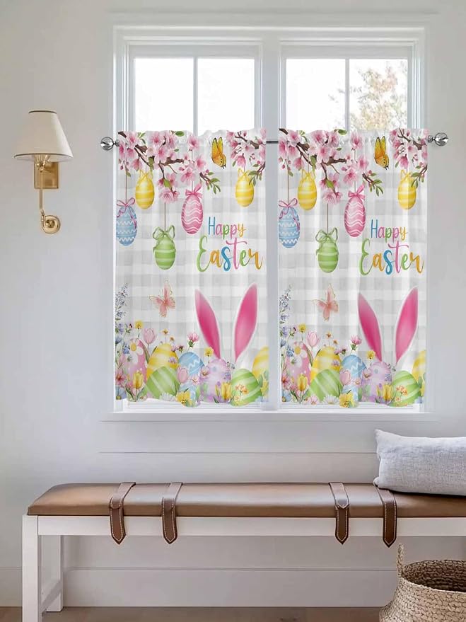 Happy Easter Tier Curtains 45 Inches Long, Spring Watercolor Bunny Eggs Flower