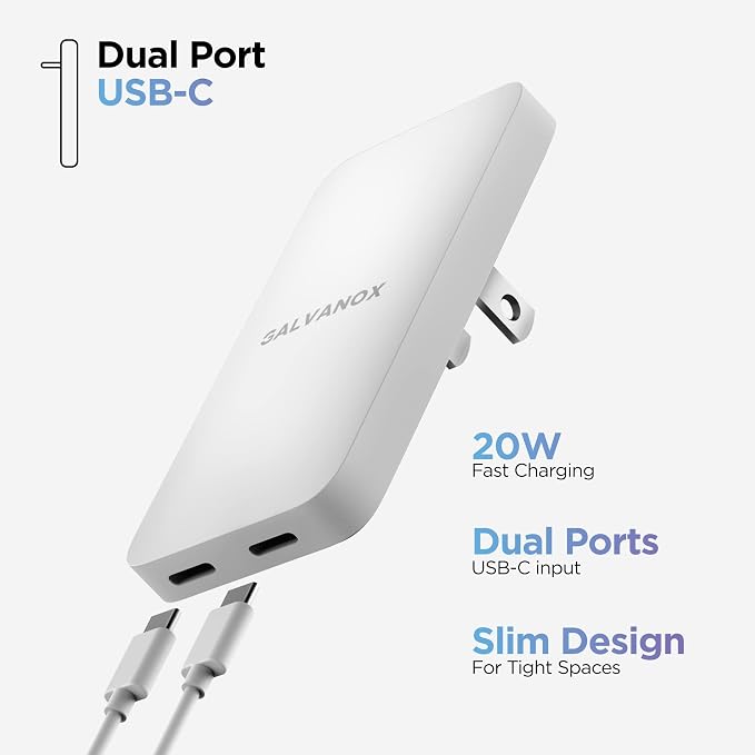 (3 Pack) Galvanox Dual USB-C Flat Wall Charger - Fast Charging Ultra Slim Outlet Plug Multi Port Type C for iPhone 13 14 iPhone 15 Pro Max and Samsung Galaxy Phones (20W)