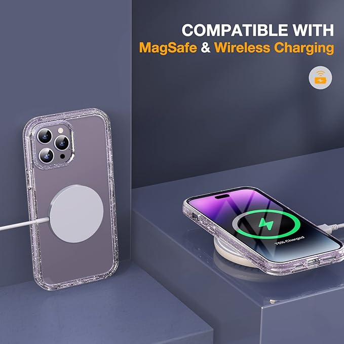 Miracase Glass Series Designed for iPhone 14 Pro Max Case 6.7 Inch, Upgrade Full-Body Bumper Case with Built-in 9H Tempered Glass Screen Protector, with Camera Lens Protector, Glitter Clear