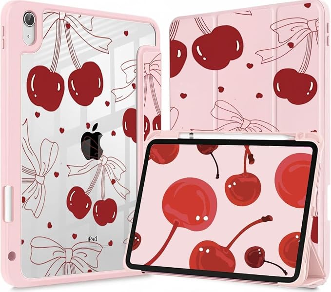 for iPad A16 11 Inch 2025 /for iPad 10th Generation 10.9 Inch 2022 Cute iPad Black Case with Pencil Holder-[Auto Wake/Sleep] Trifold Stand Soft TPU Protective Cover Pink Bows