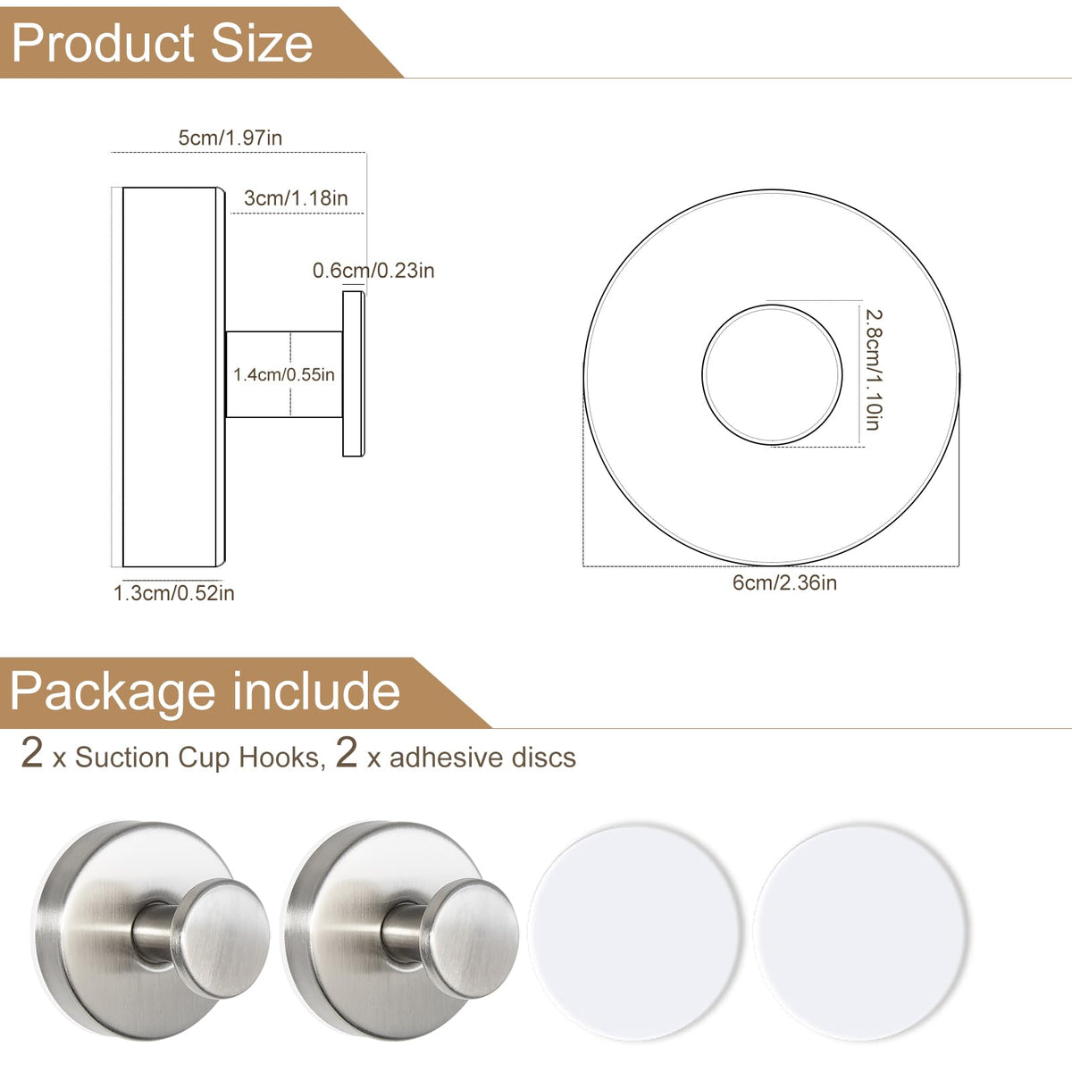ZESLMG Suction Cup Hooks for Shower, Nickel Wreath Hangers for Front Door Glass Window Bathroom Kitchen Wall, Removable Towel Holder Bath Robe Loofah Coat Hooks No Damage for Hanging, 2 Pack