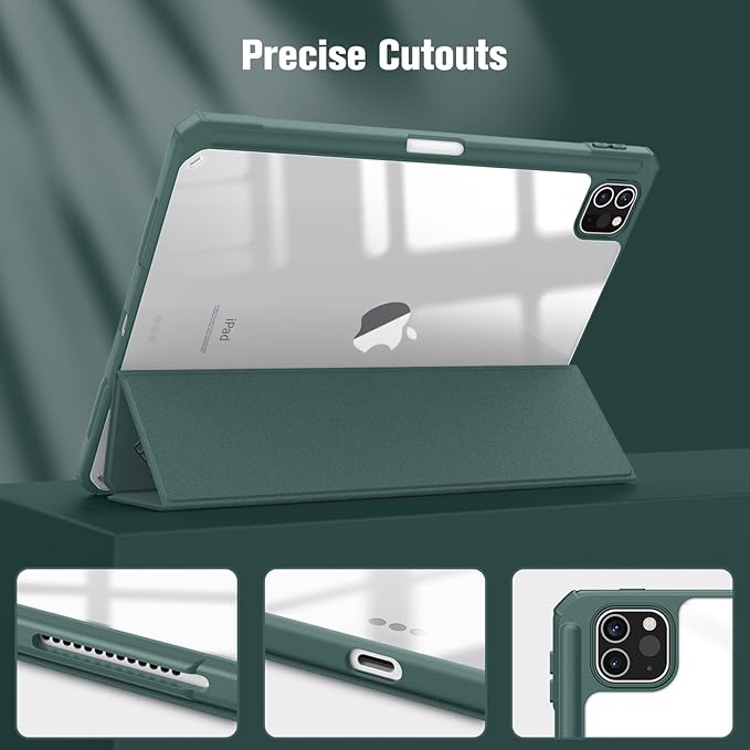 Fintie Hybrid Slim Case for iPad Pro 11-inch (4th / 3rd Generation) 2022/2021 - [Built-in Pencil Holder] Shockproof Cover w/Clear Transparent Back Shell, Also Fit iPad Pro 11" 2nd Gen, Midnight Green